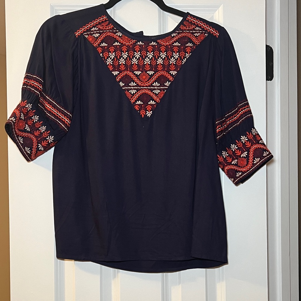 Roller Rabbit Navy and Red/Orange Embroidered Blouse XS